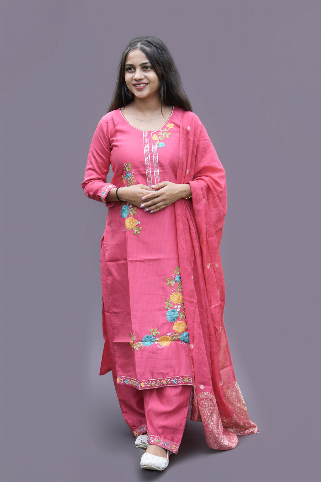 Pink Floral Embroidered Kurti Pant Set with Woven Dupatta - Zamkudi