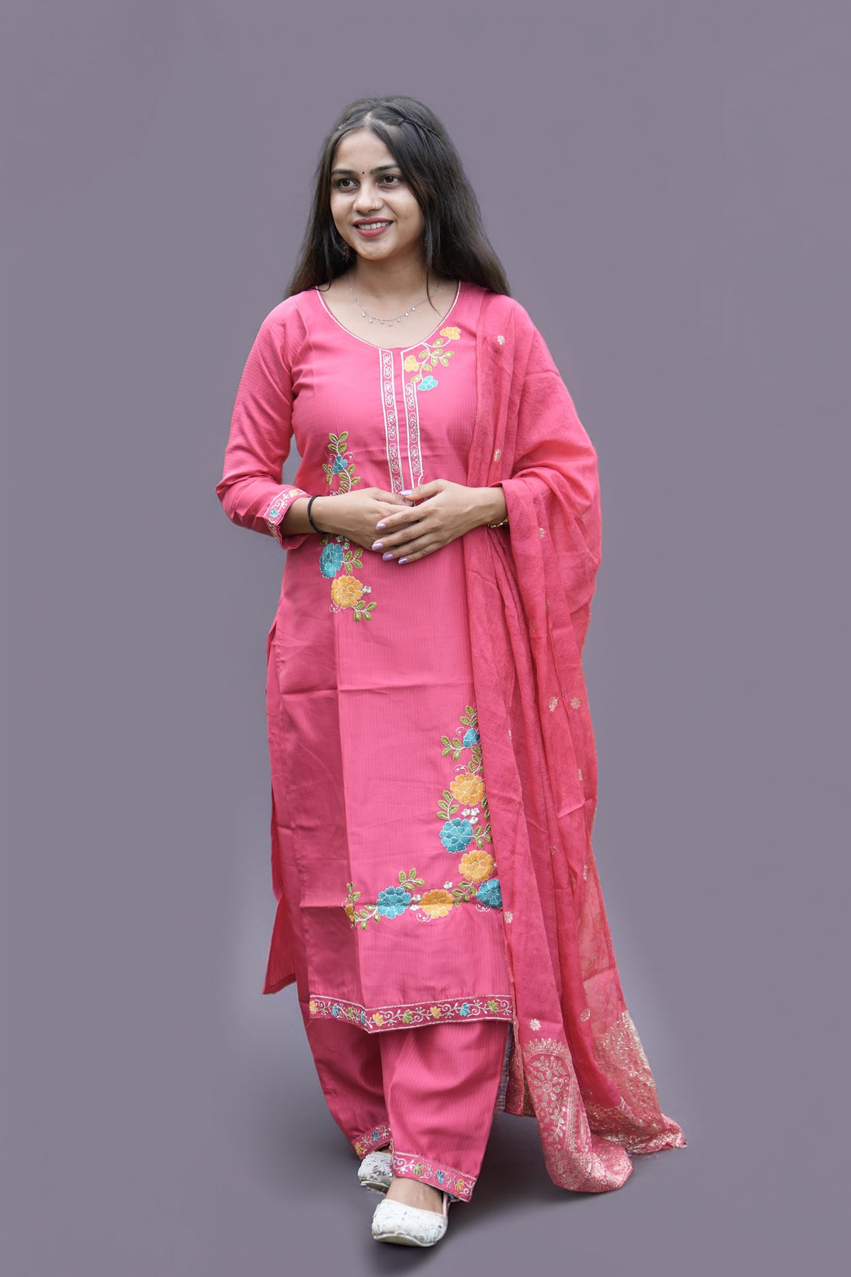 Pink Floral Embroidered Kurti Pant Set with Woven Dupatta - Zamkudi