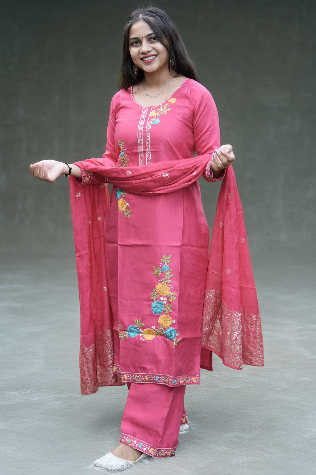 Pink Floral Embroidered Kurti Pant Set with Woven Dupatta - Zamkudi