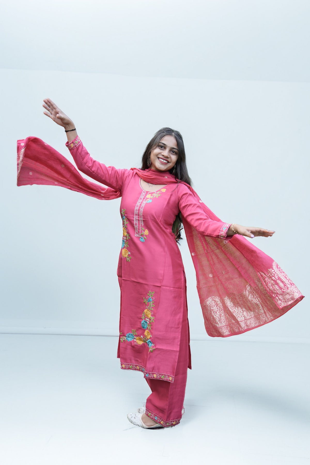 Pink Floral Embroidered Kurti Pant Set with Woven Dupatta - Zamkudi