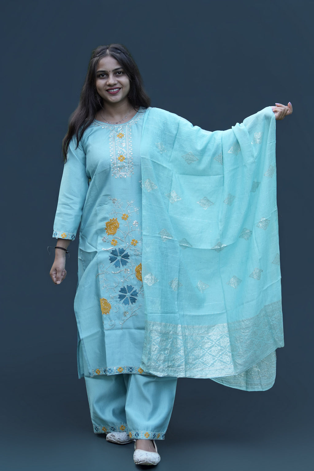 Graceful Sky Blue Floral Embroidered Kurti Pant Set with Jacquard Dupatta - Zamkudi