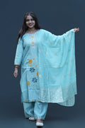 Graceful Sky Blue Floral Embroidered Kurti Pant Set with Jacquard Dupatta - Zamkudi