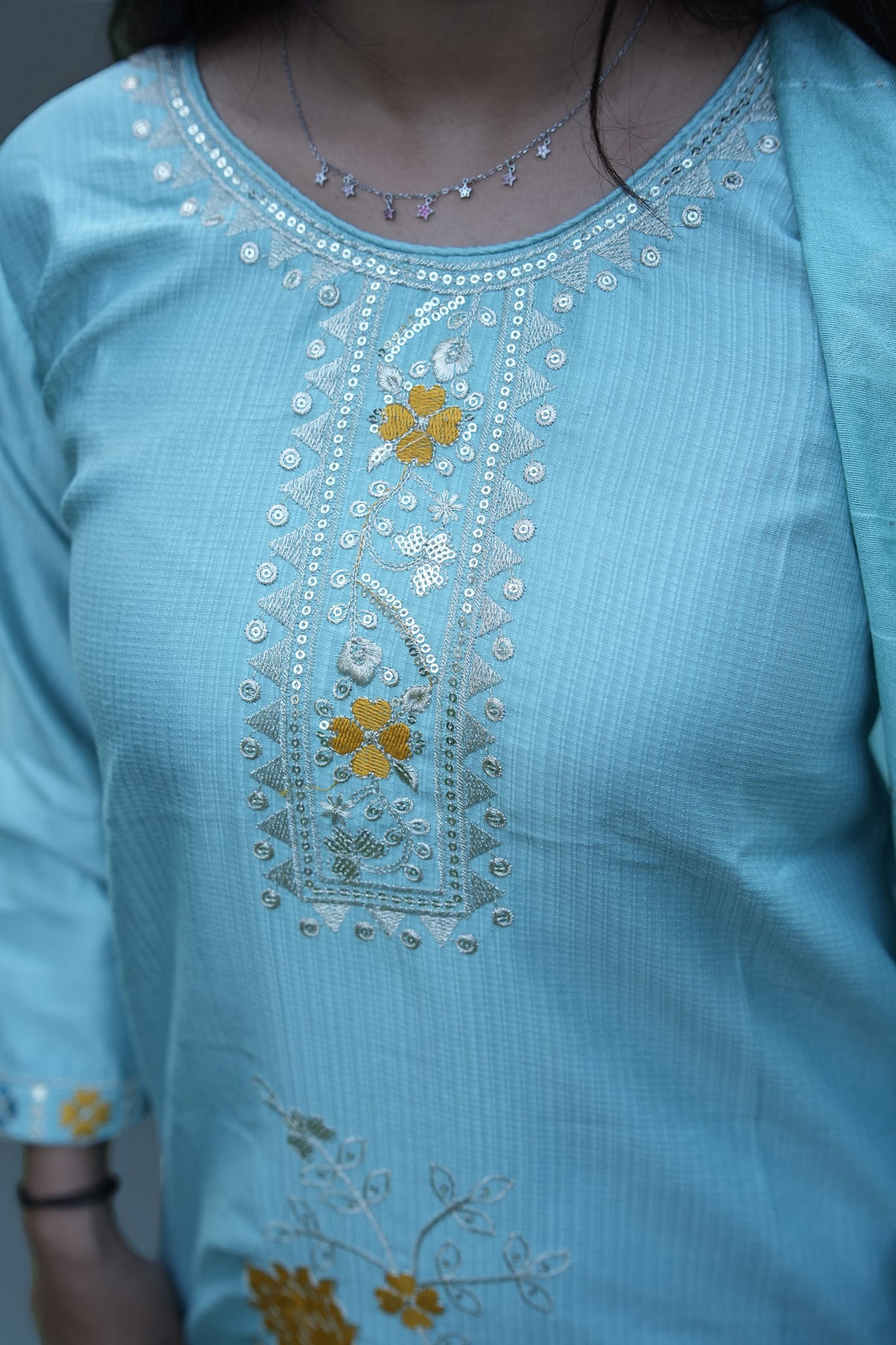 Graceful Sky Blue Floral Embroidered Kurti Pant Set with Jacquard Dupatta - Zamkudi