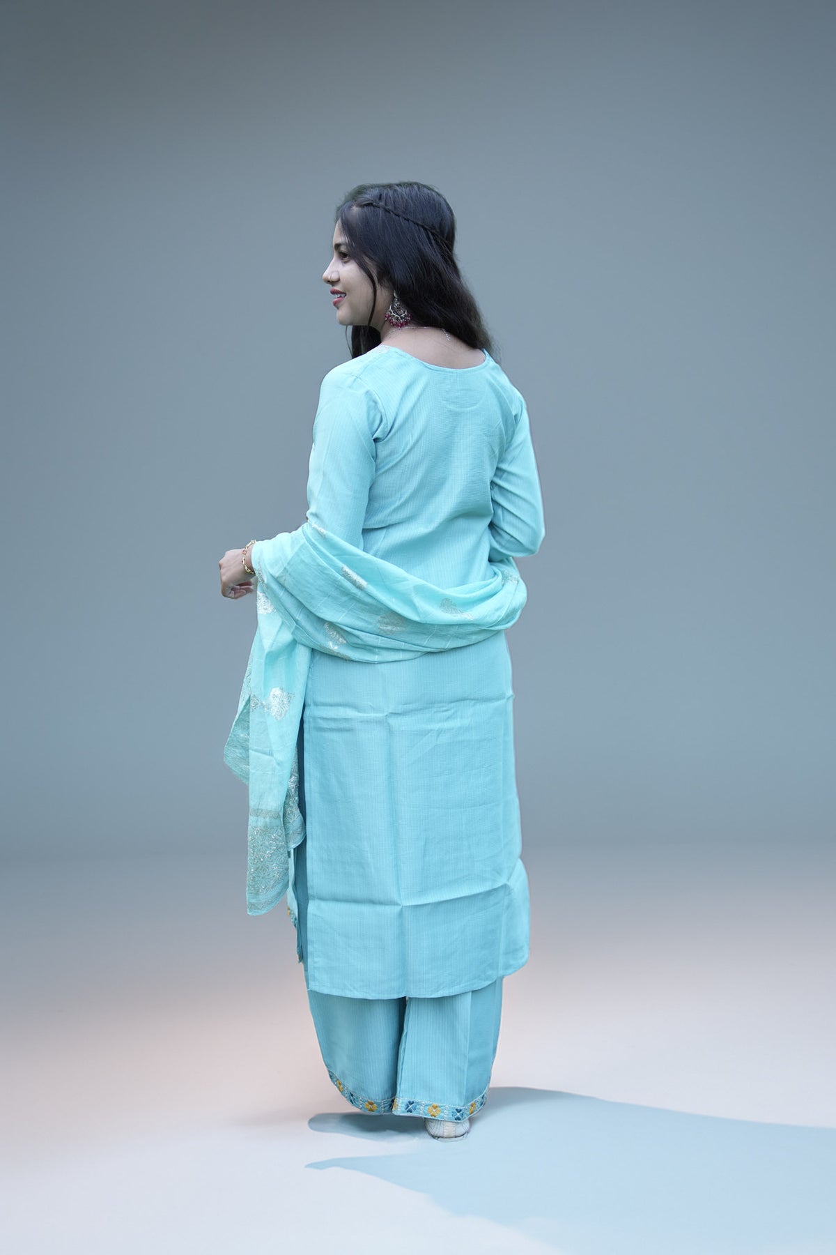 Graceful Sky Blue Floral Embroidered Kurti Pant Set with Jacquard Dupatta - Zamkudi