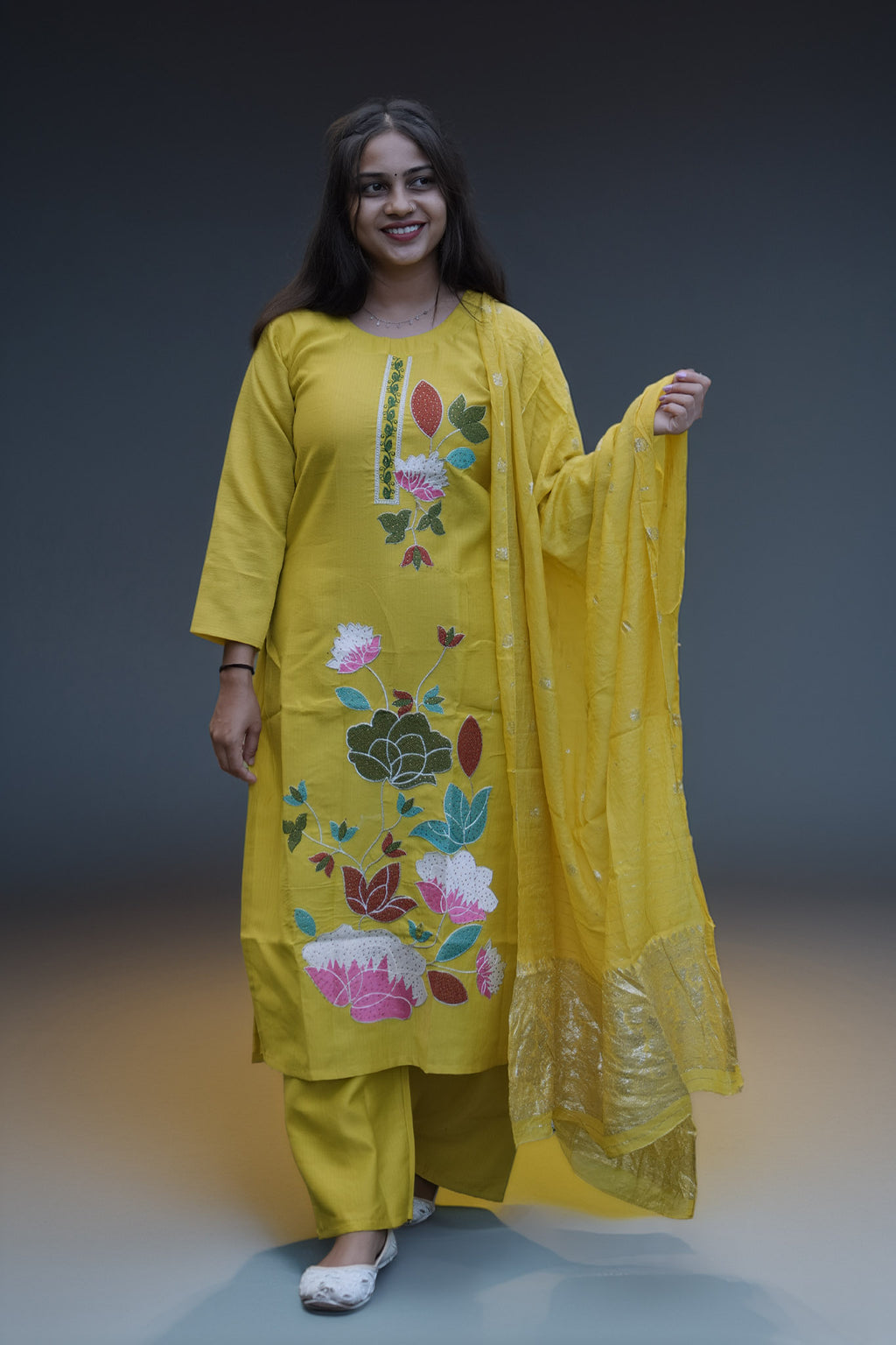 Vibrant Yellow  Floral Embroidered Kurti Pant Set with Jacquard Dupatta - Zamkudi