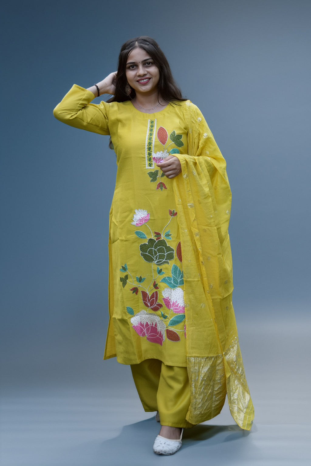 Vibrant Yellow  Floral Embroidered Kurti Pant Set with Jacquard Dupatta - Zamkudi