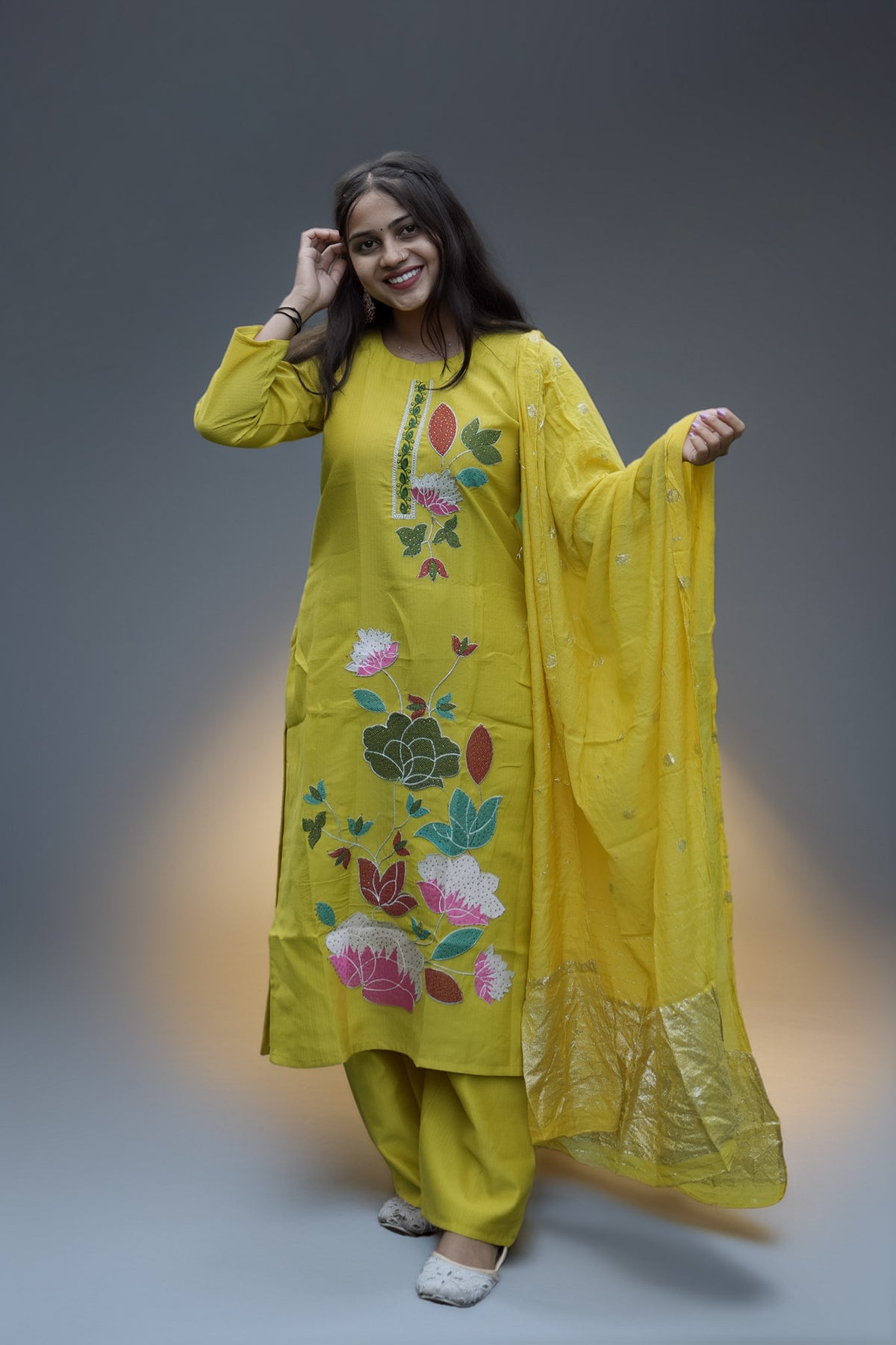 Vibrant Yellow  Floral Embroidered Kurti Pant Set with Jacquard Dupatta - Zamkudi